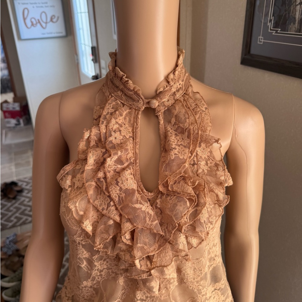 Chic Lace Ruffle Halter Top - Brown - Picture 11 of 14